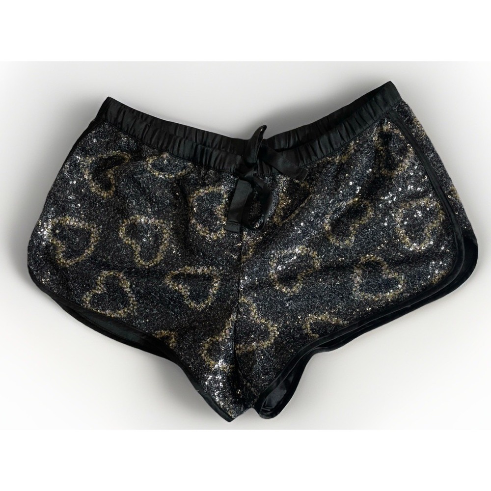 Victoria's Secret black heart sequin satin sleep shorts small NWT Bonus Pair